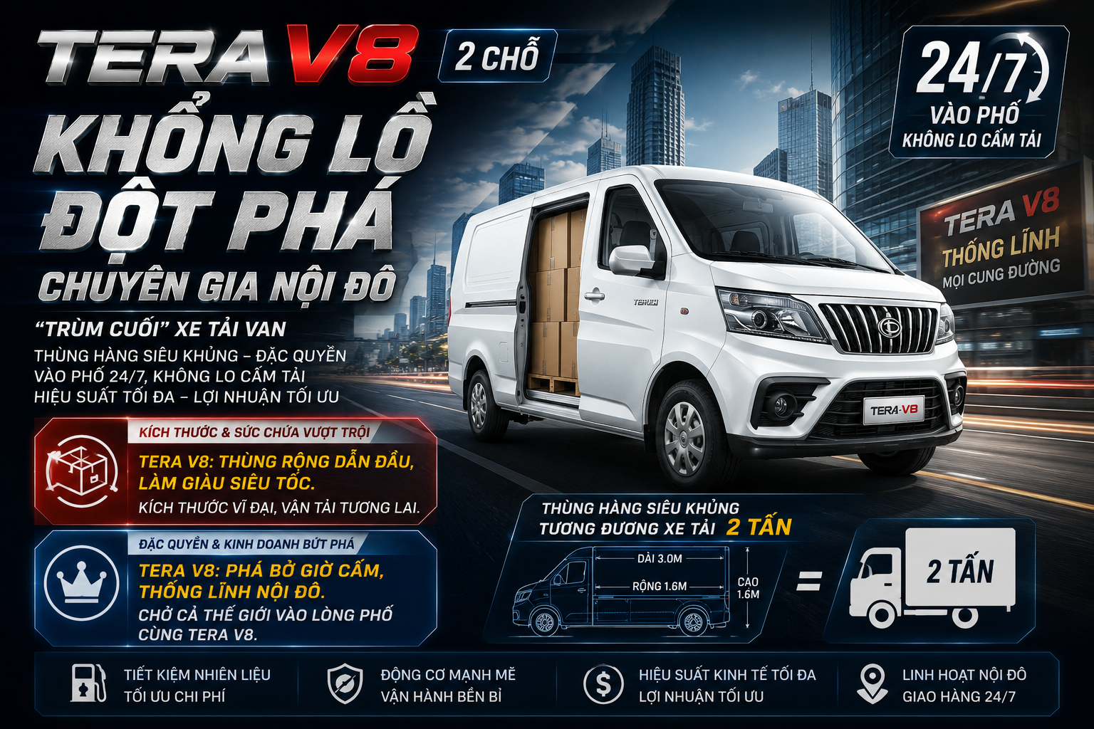 Tera V8 (2 Chỗ): "Gã Khổng Lồ" Vào Phố 24/7 – Thùng Siêu Rộng 9 Khối