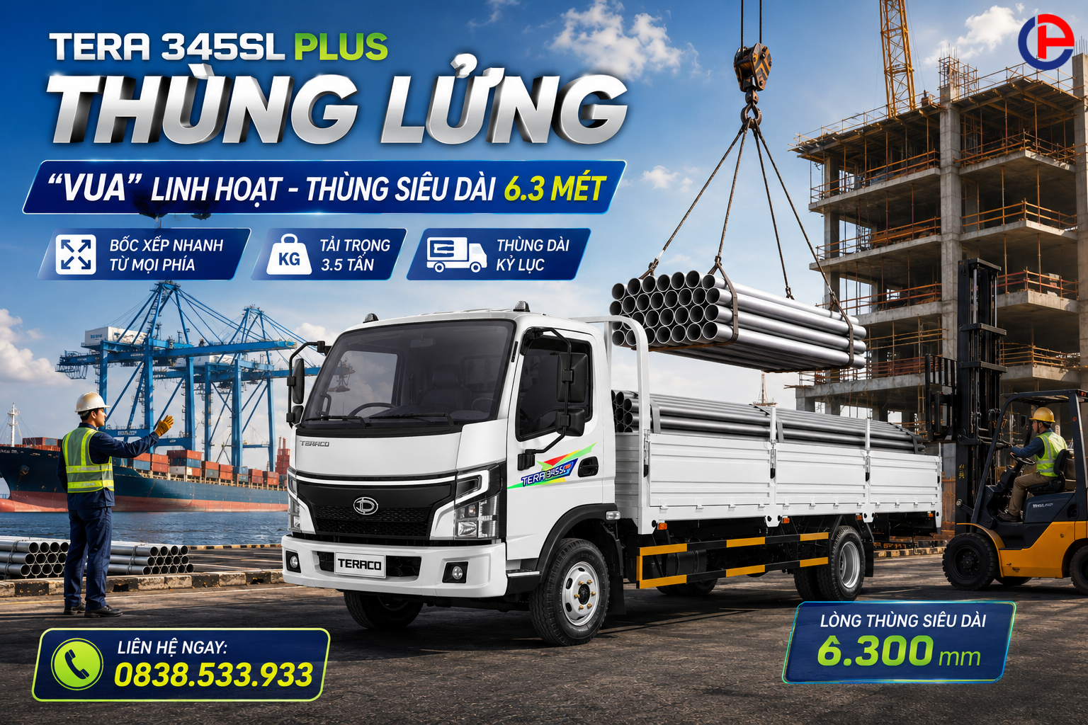 Tera 345SL Plus Thùng Lửng: "Vua" Linh Hoạt - Thùng Siêu Dài 6.3 Mét